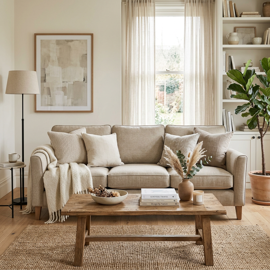 Beige sofa with cushions, wooden coffee table with books and vase, standing lamp, and potted plant in a neutral living room